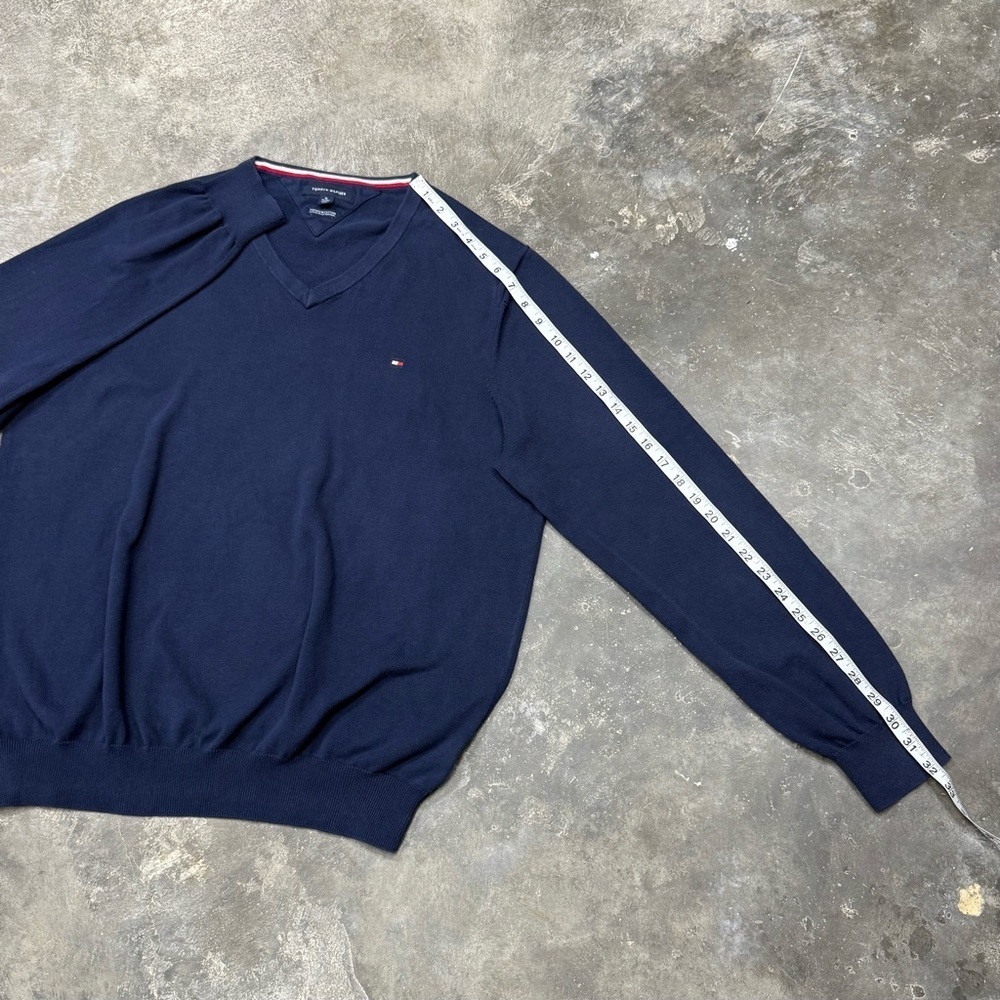 Tommy Hilfiger Navy V-Neck Knit Sweater Classic Flag Logo - Picture 6 of 8